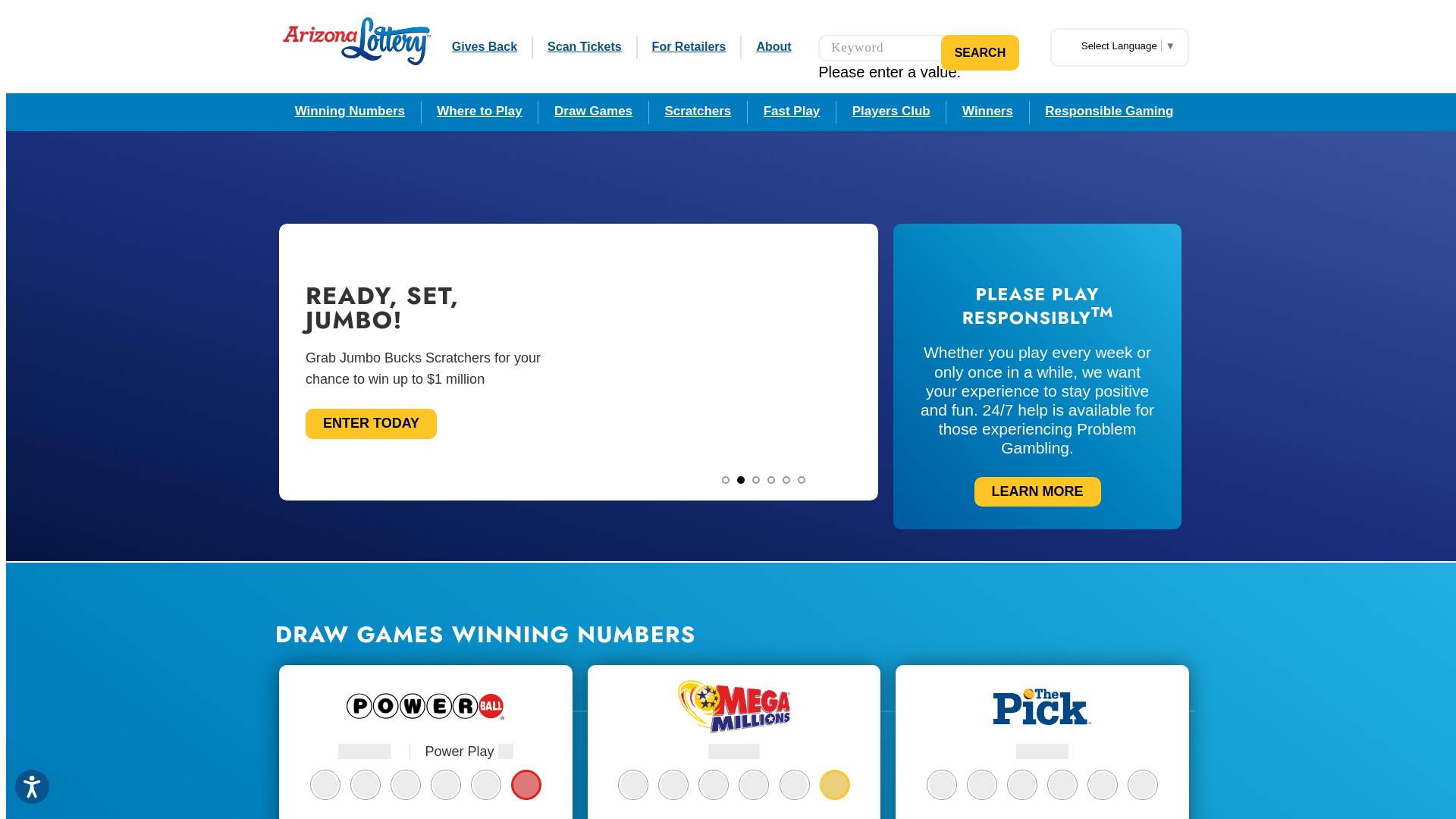 website screenshot of https://www.arizonalottery.com/
