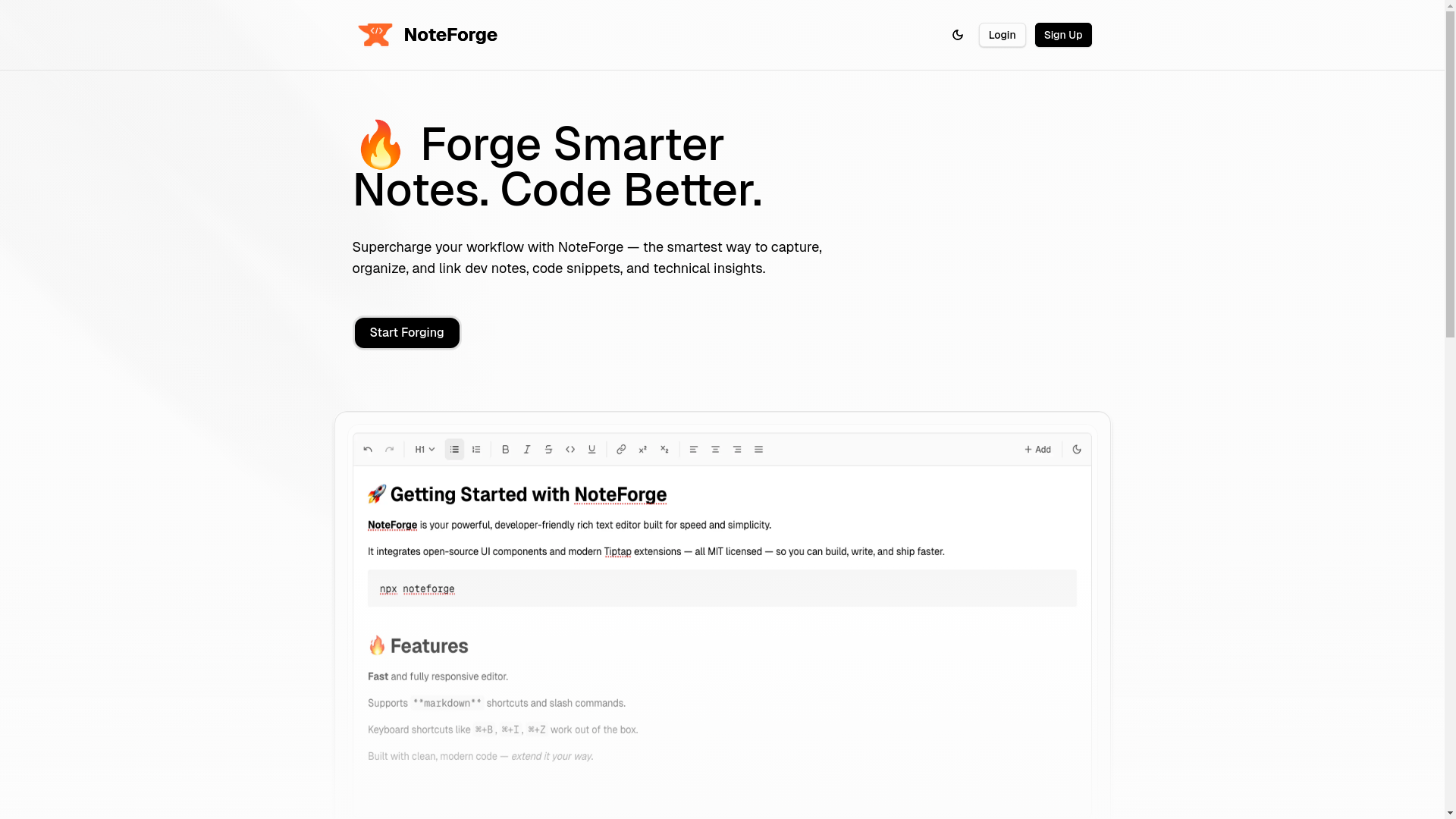 website screenshot of https://noteforge.dev/