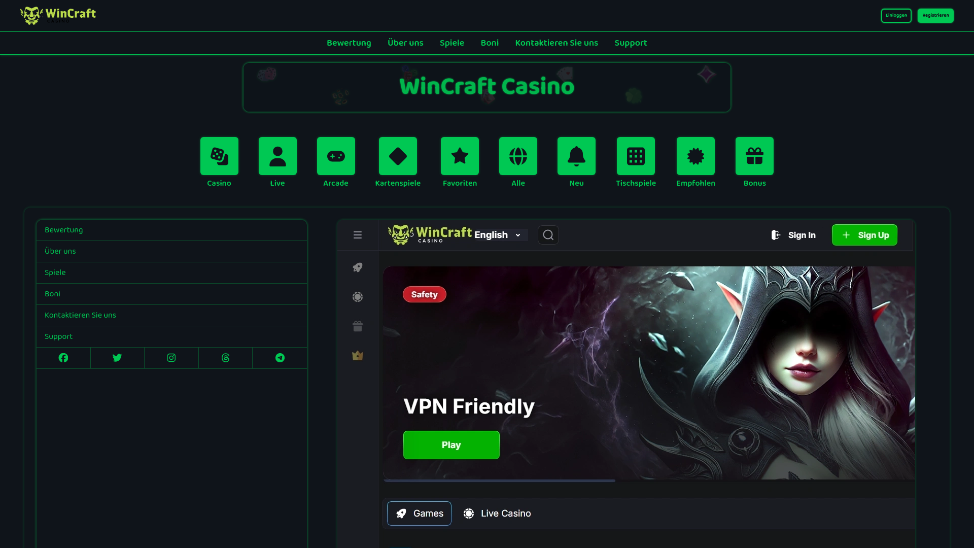 website screenshot of https://casinowincraft.de/