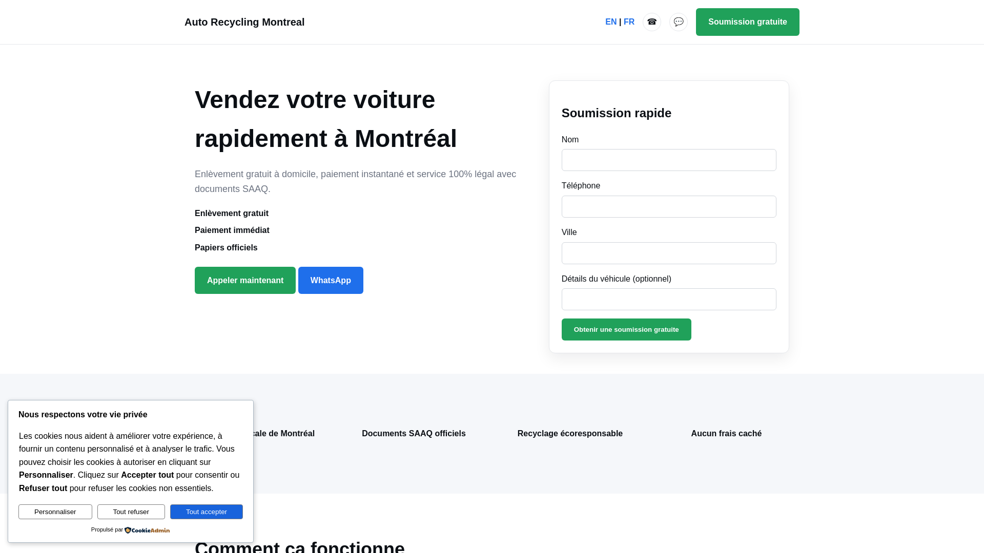 website screenshot of https://recyclageautostjean.ca/
