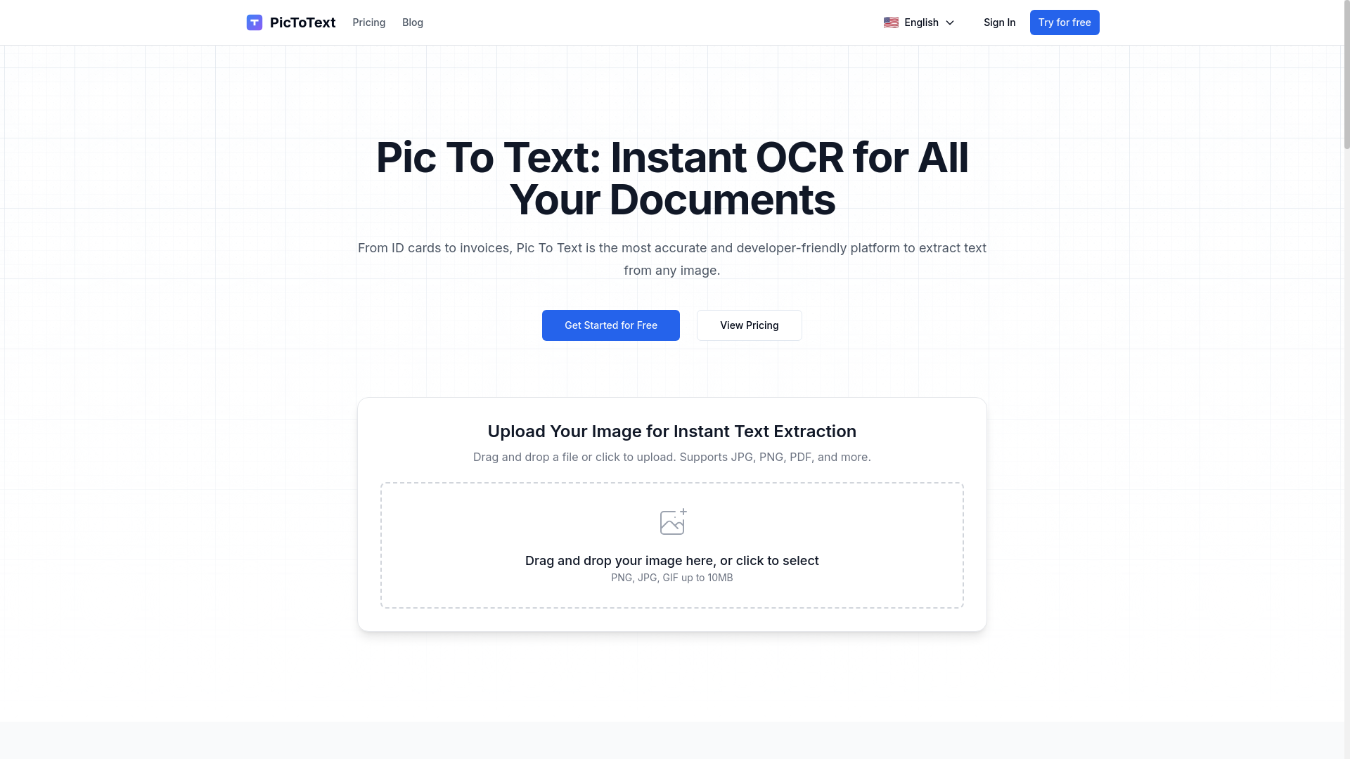 website screenshot of https://pictotext.io/