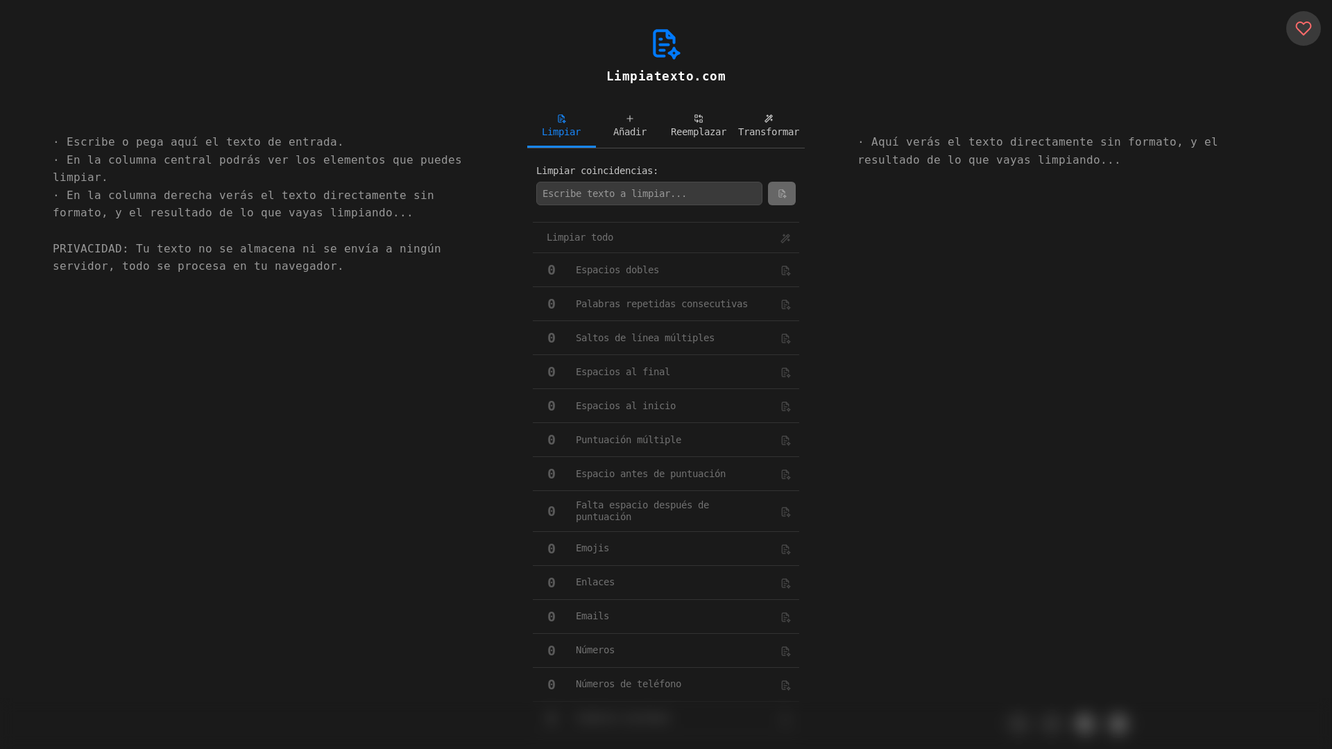 website screenshot of https://limpiatexto.com/