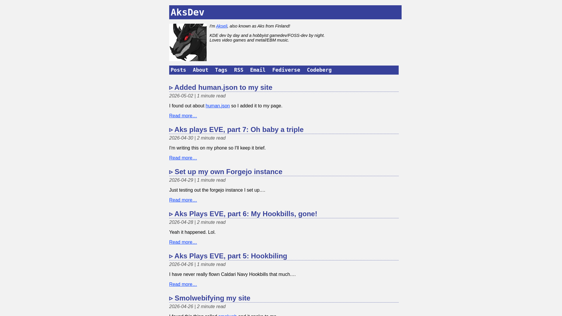 website screenshot of https://akselmo.dev/