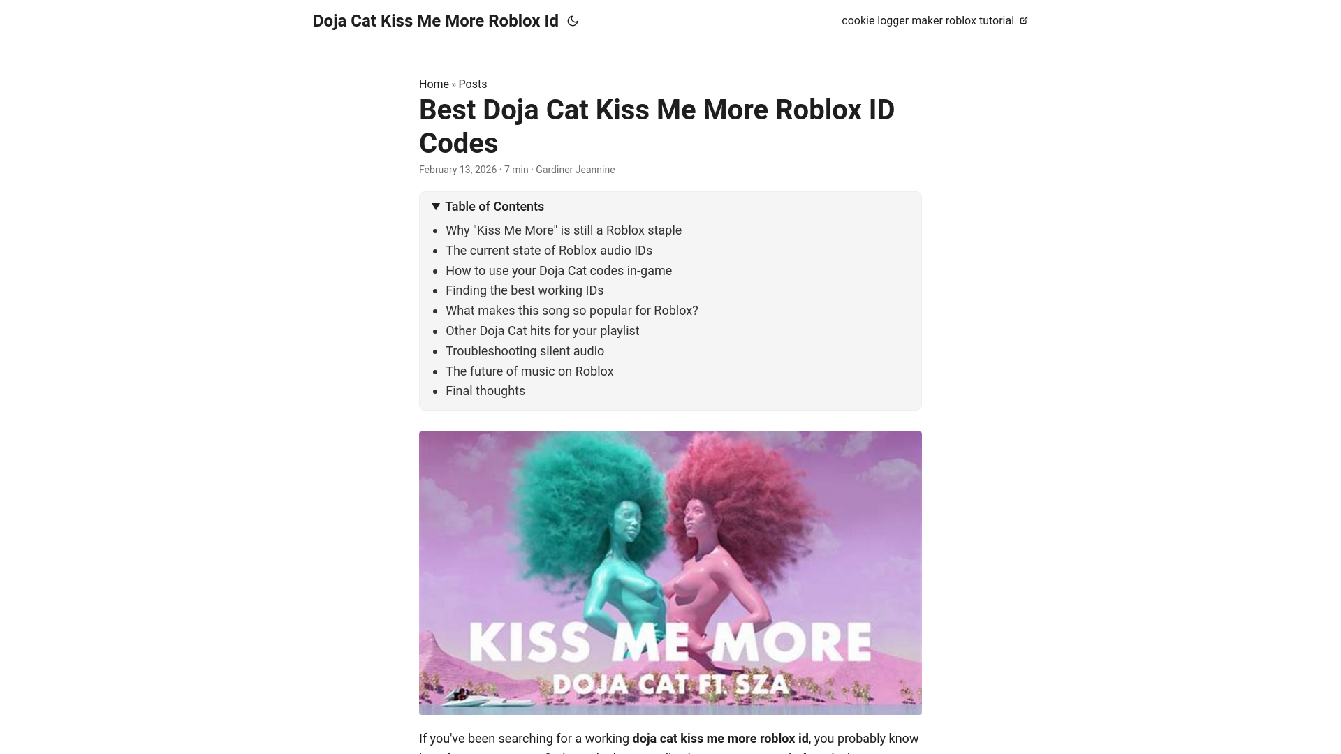 website screenshot of https://doja-cat-kiss-me-more-roblox-id.pages.dev/