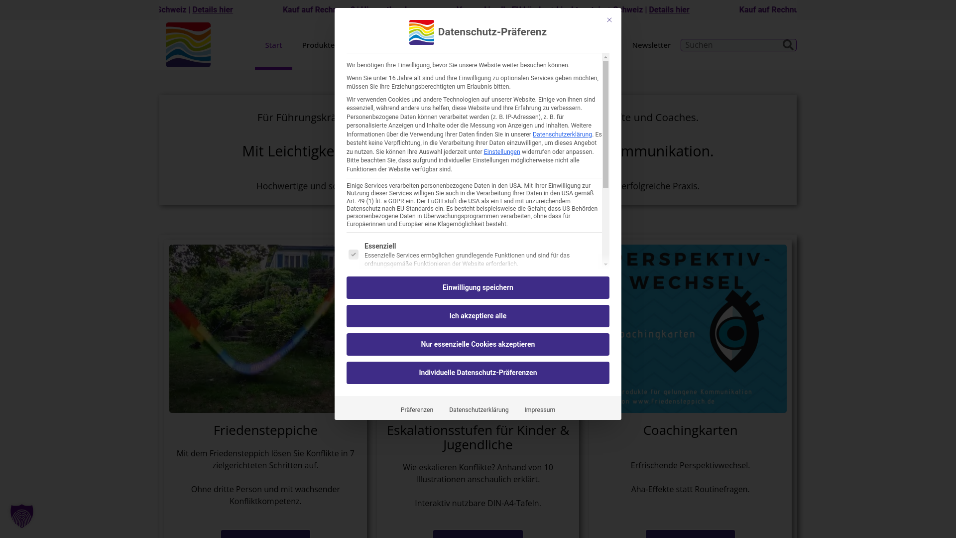 website screenshot of https://friedenskarten.shop/
