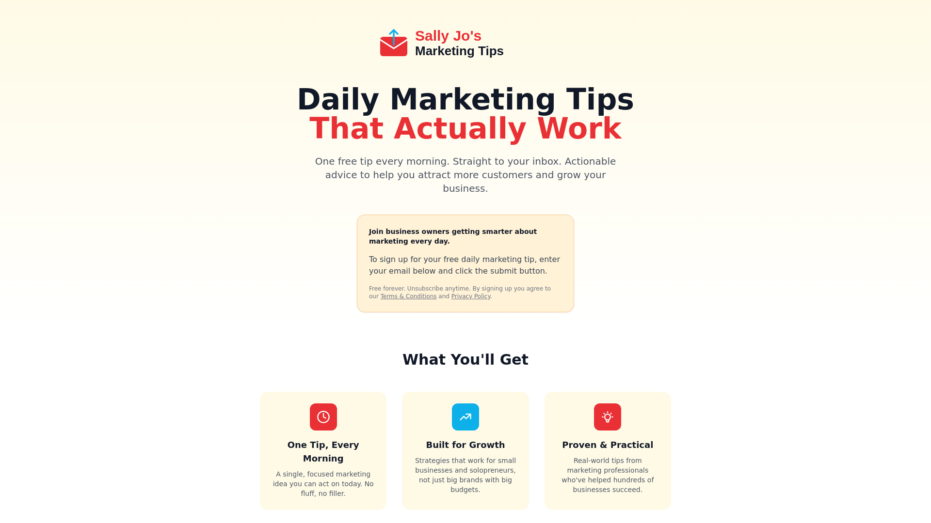 website screenshot of https://sallyjosmarketingtips.com