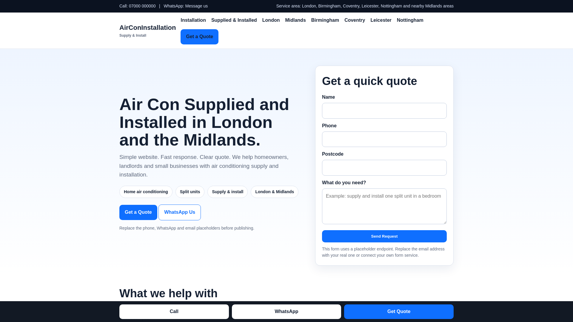 website screenshot of https://airconinstallation.uk