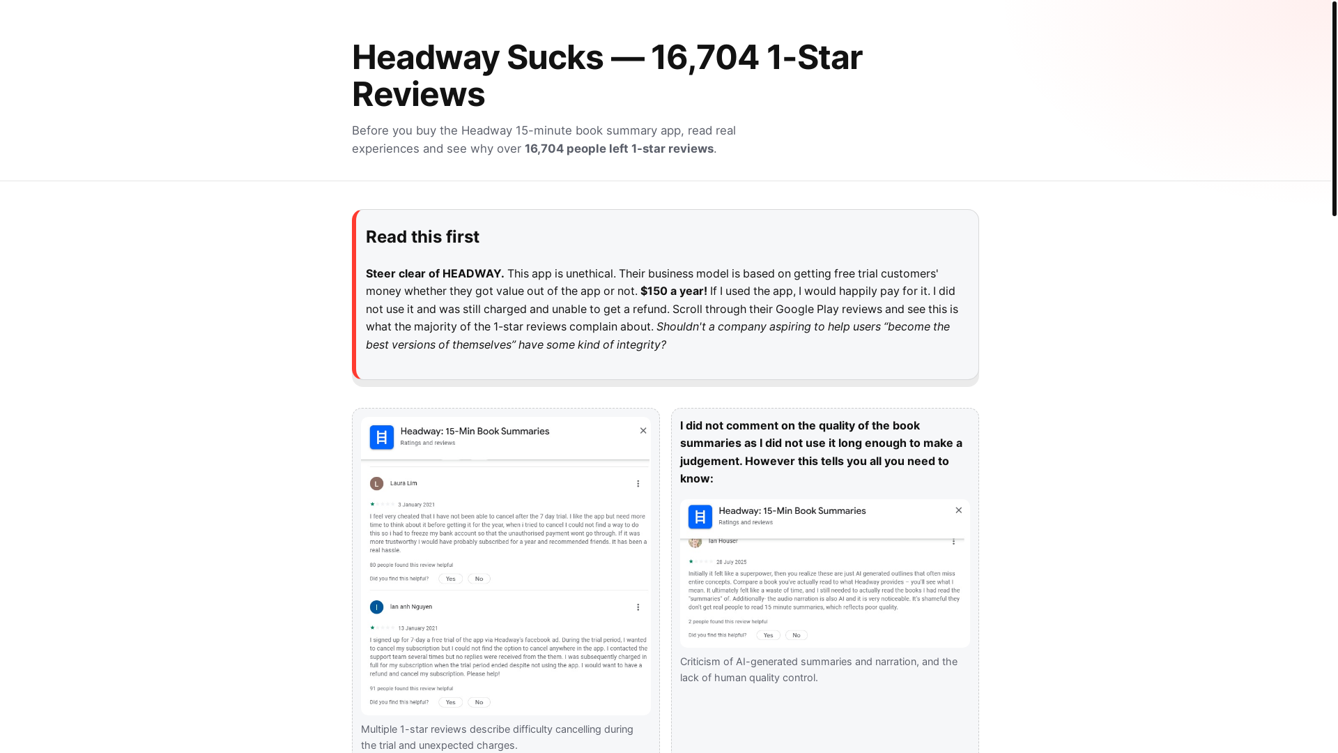 website screenshot of https://headwaysucks.info/