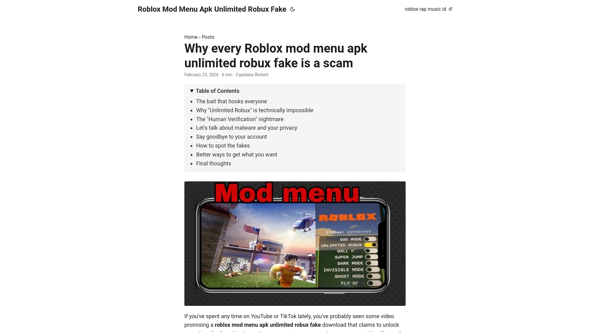 website screenshot of https://roblox-mod-menu-apk-unlimited-robux-fake.pages.dev/