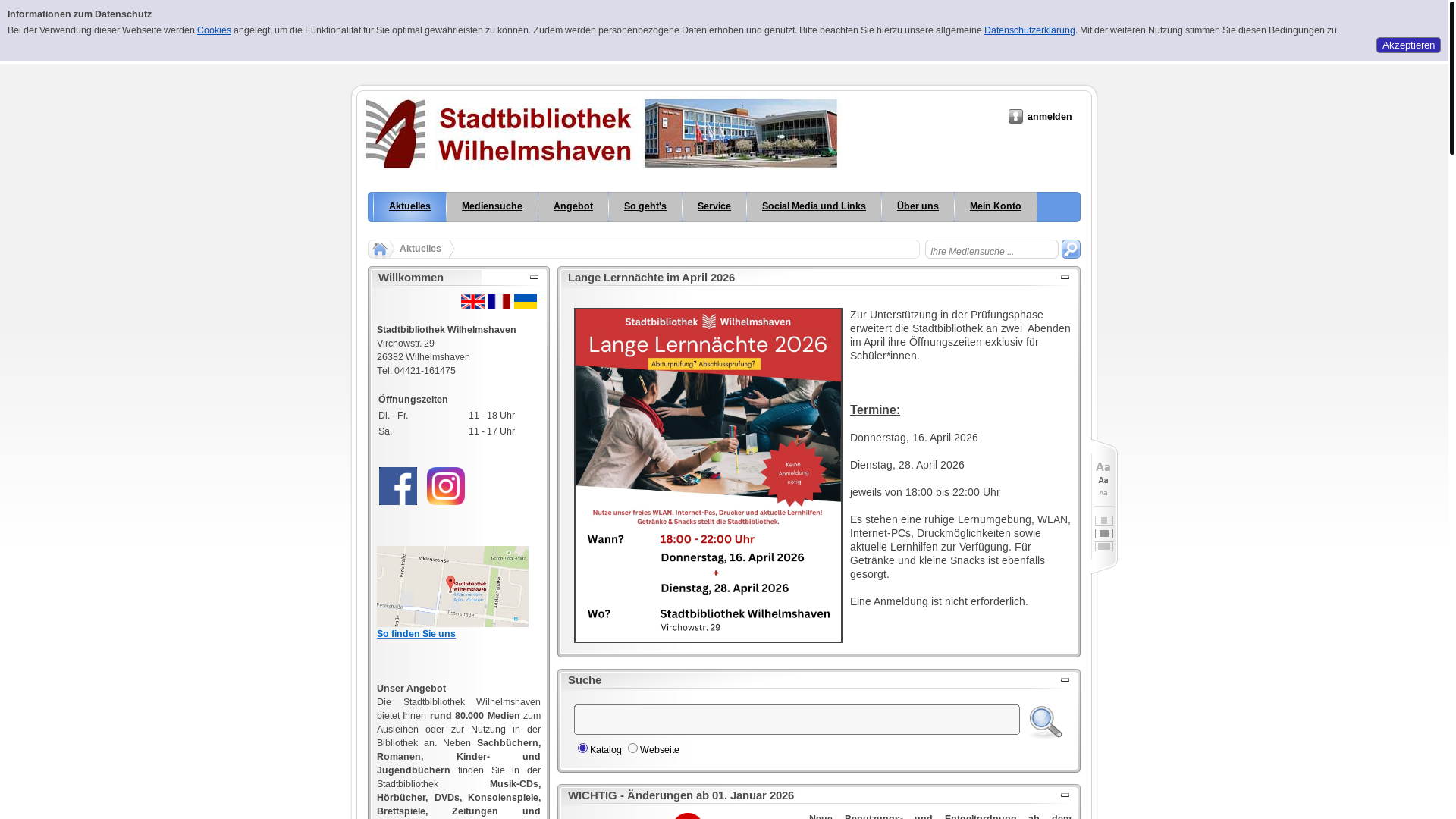 website screenshot of https://stadtbibliothek.wilhelmshaven.de/