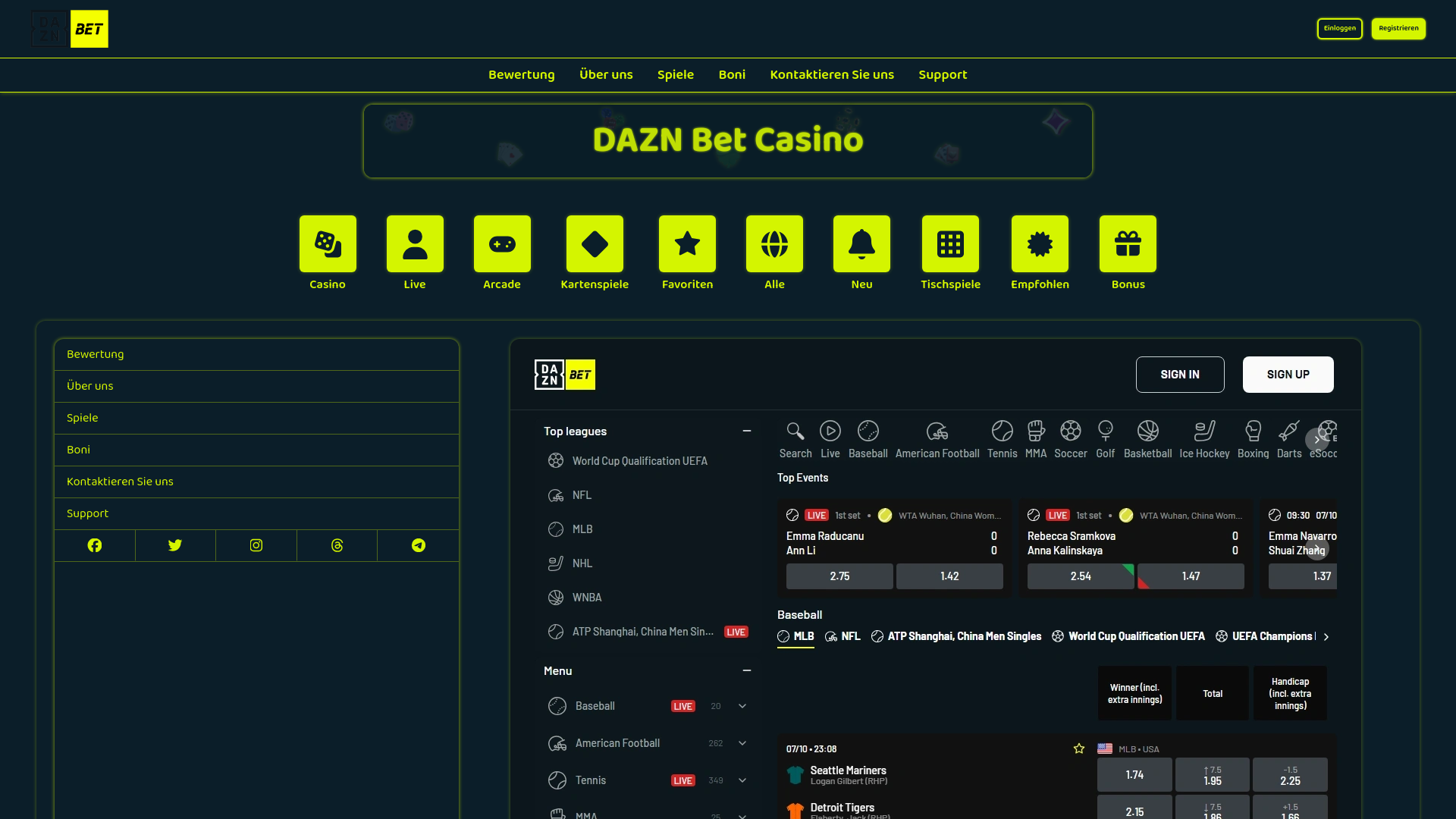 website screenshot of https://dazn-betcasino.de/