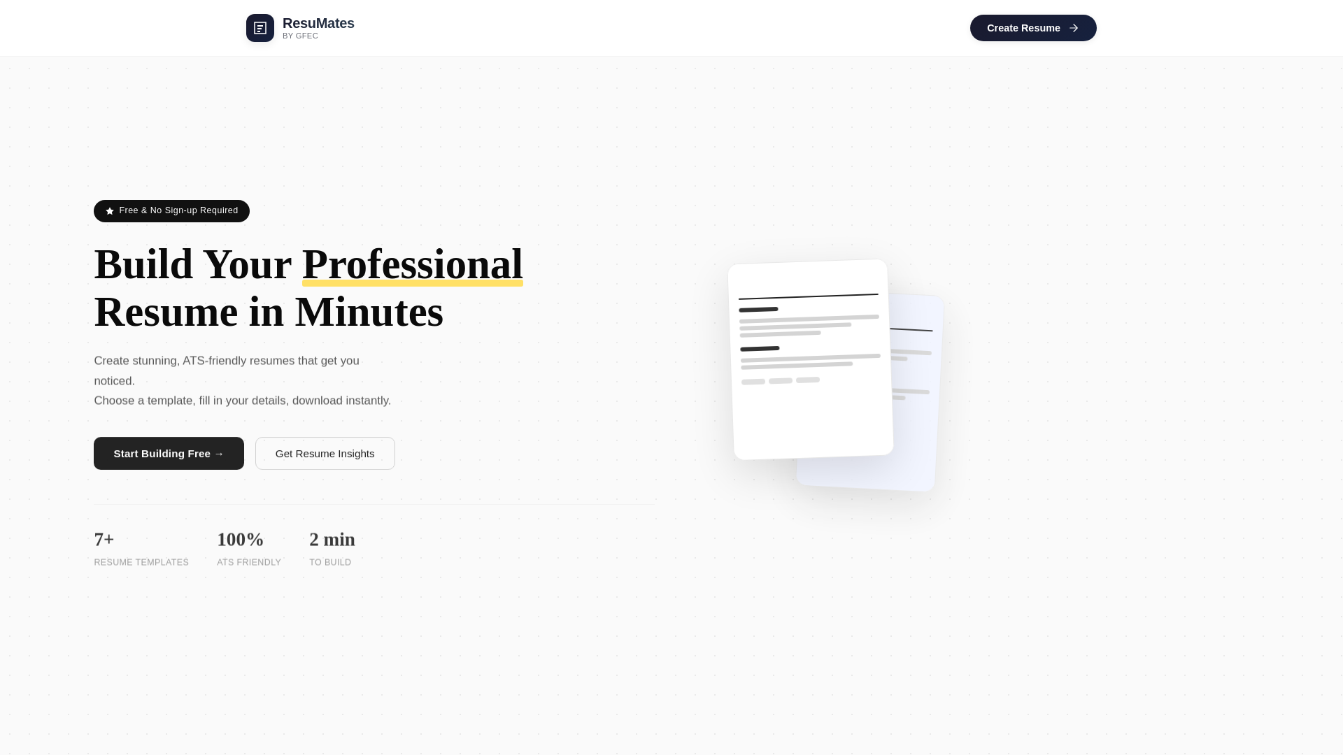 website screenshot of https://resumates.in