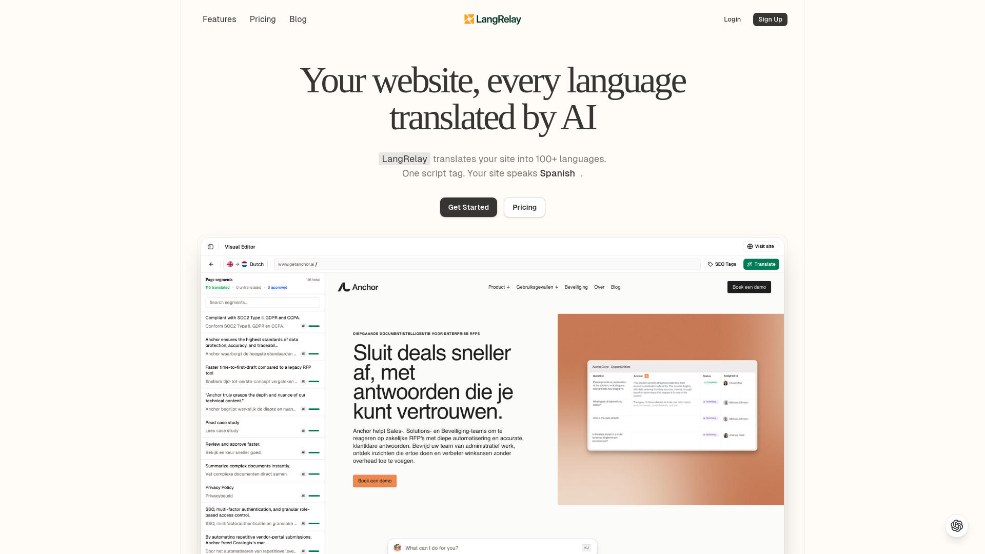 website screenshot of https://langrelay.com/