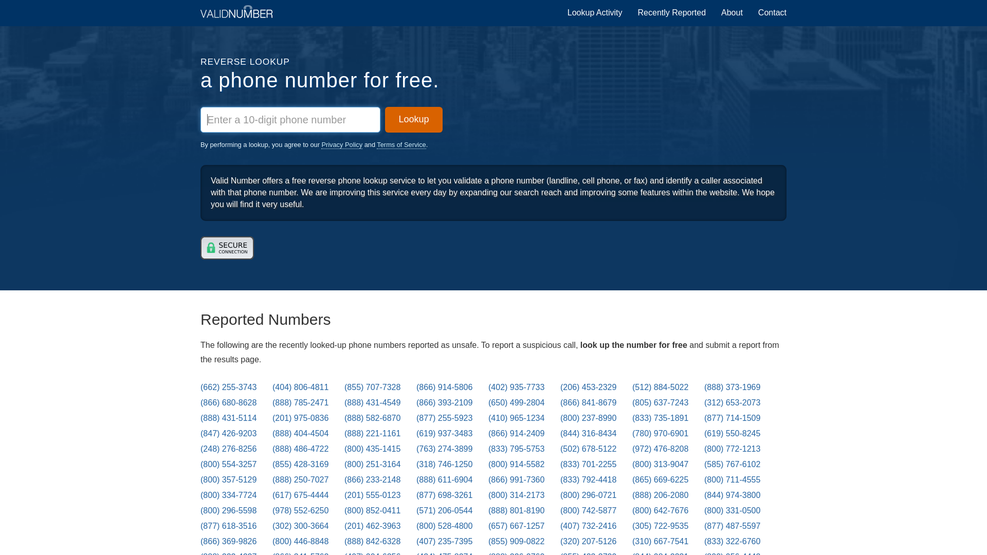 website screenshot of https://www.validnumber.com/
