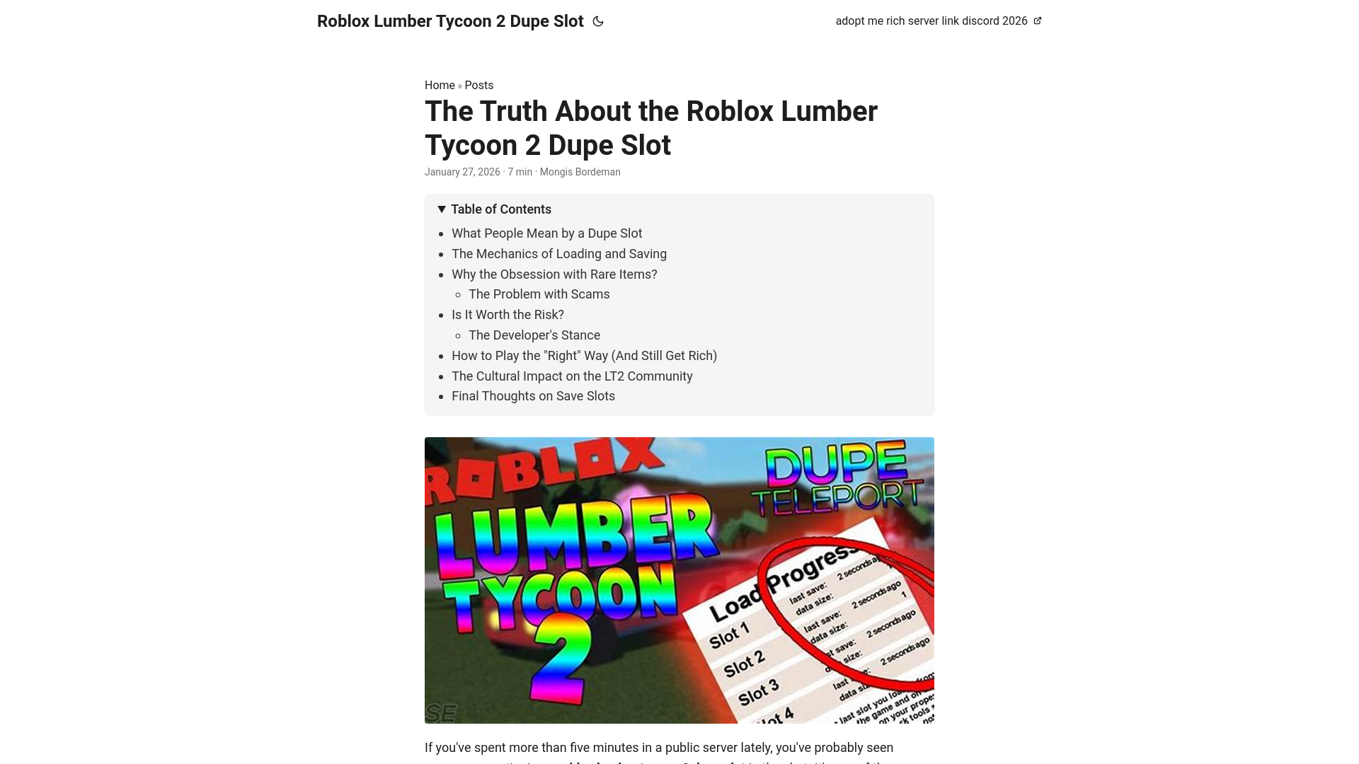 website screenshot of https://roblox-lumber-tycoon-2-dupe-slot.pages.dev/