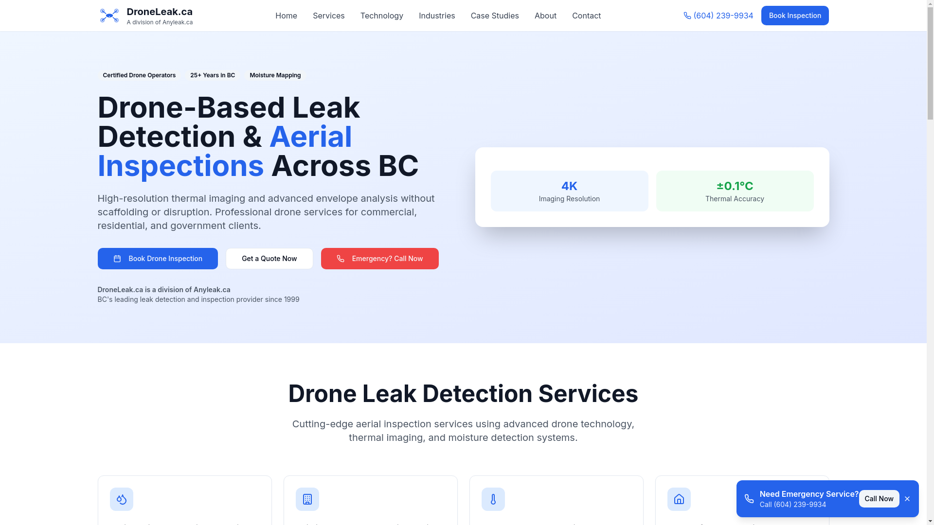 website screenshot of https://droneleak.ca/