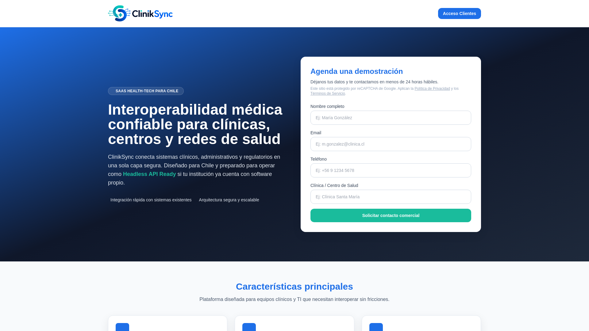 website screenshot of https://cliniksync.cl/