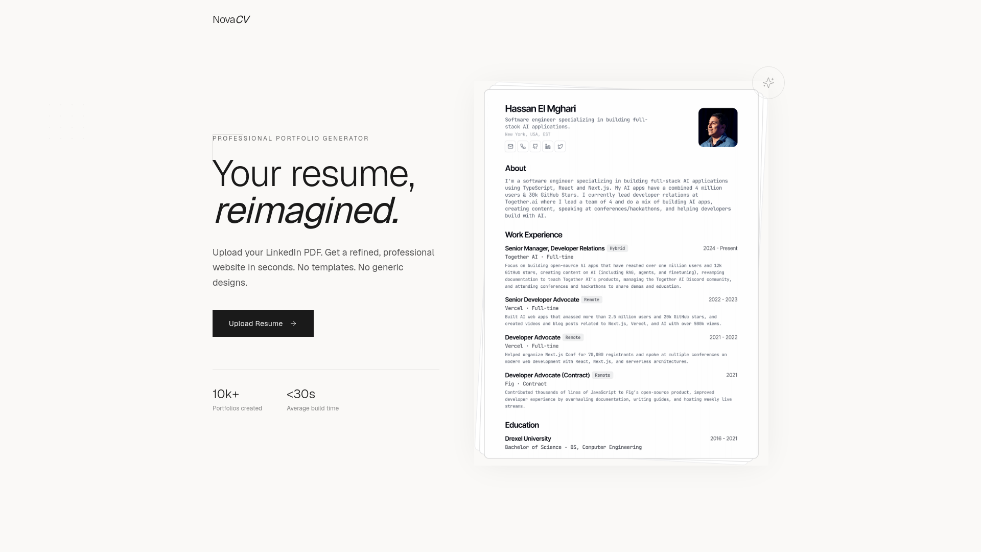 website screenshot of https://novacv.dev/