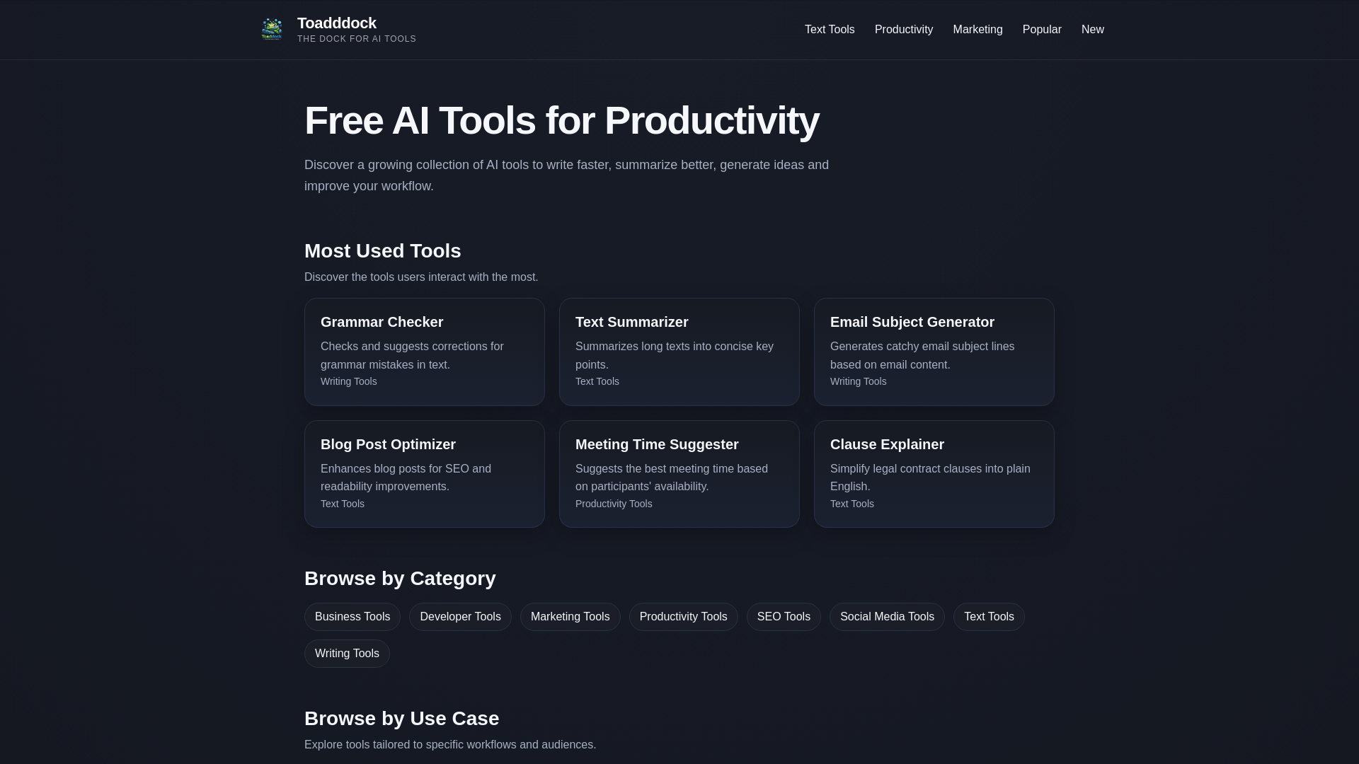 website screenshot of https://toaddock.com/