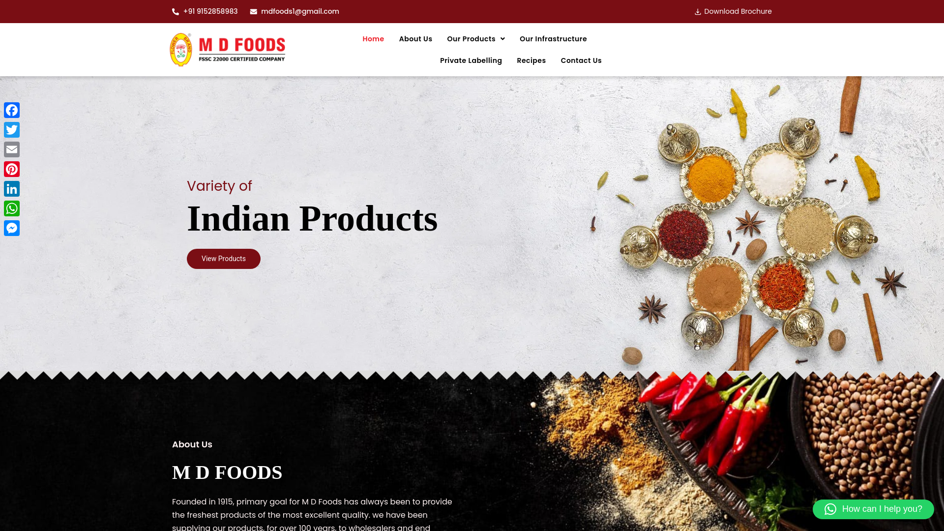website screenshot of https://mdfoods.net/