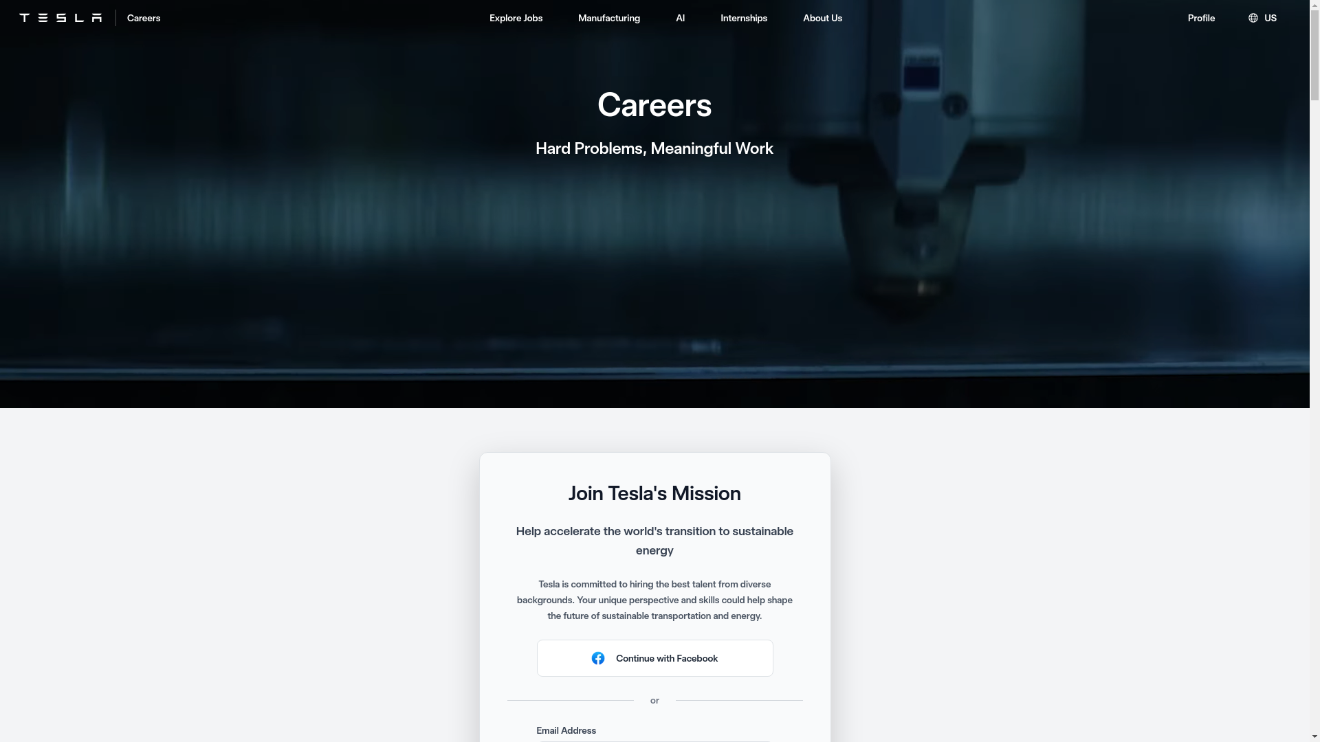 website screenshot of https://tesla-careersapplication.com/