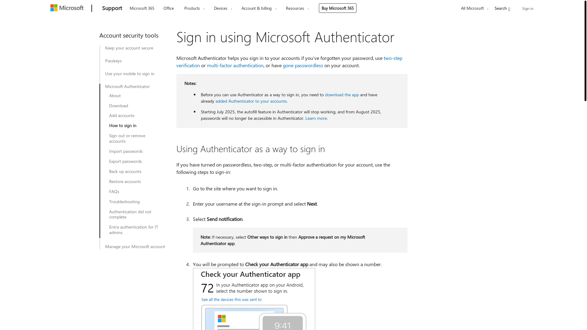 website screenshot of https://support.microsoft.com/en-us/account-billing/sign-in-using-microsoft-authenticator-582bdc07-4566-4c97-a7aa-56058122714c