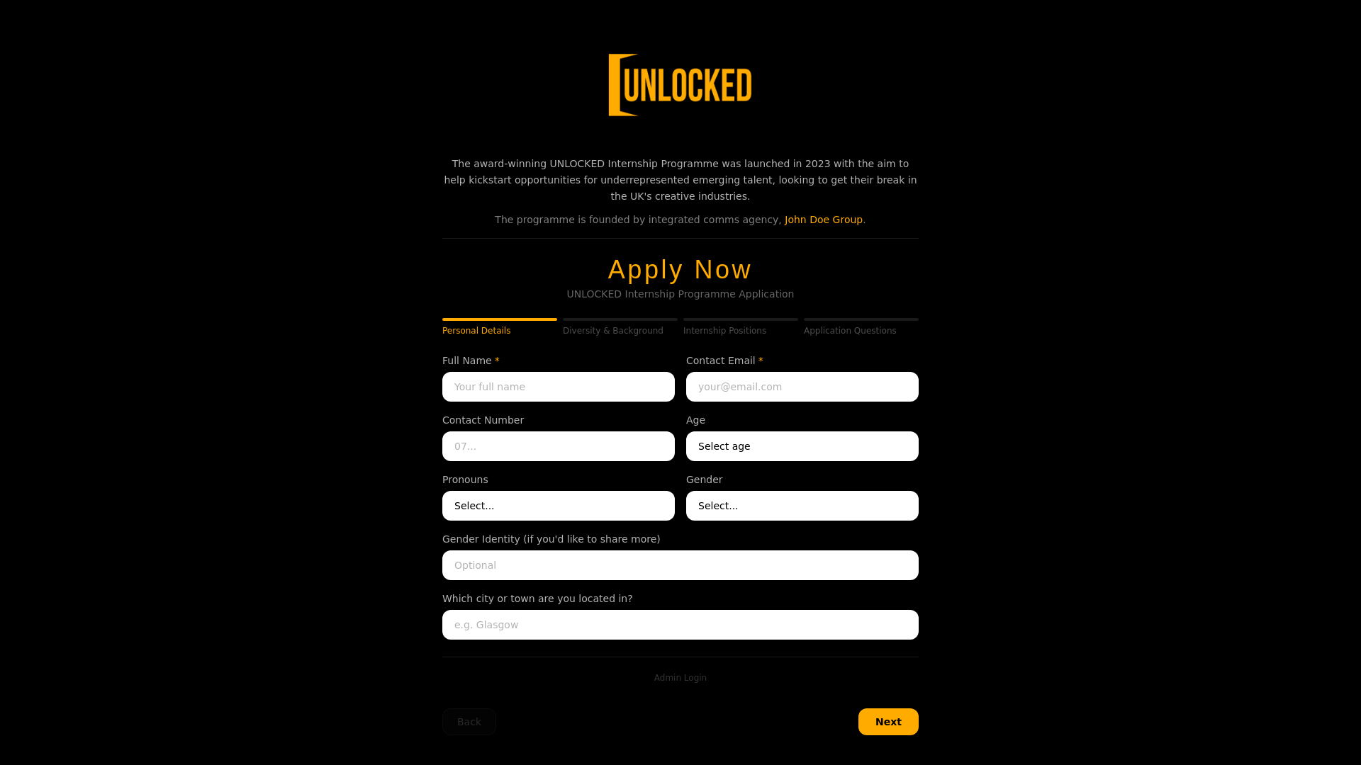 website screenshot of https://unlockedinternshipapply.co.uk