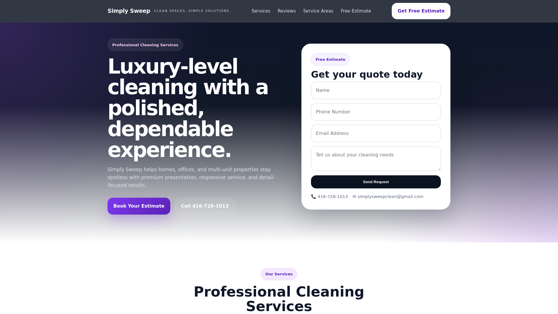 website screenshot of https://simplysweep.ca/