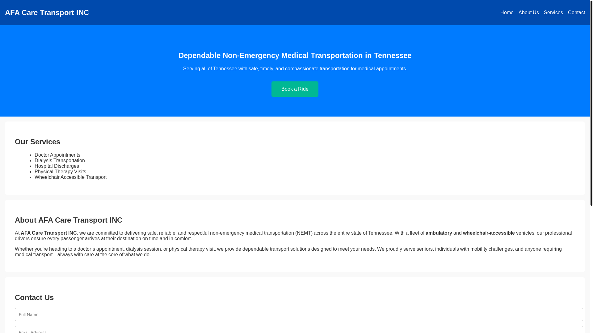 website screenshot of https://afacaretransport.com/