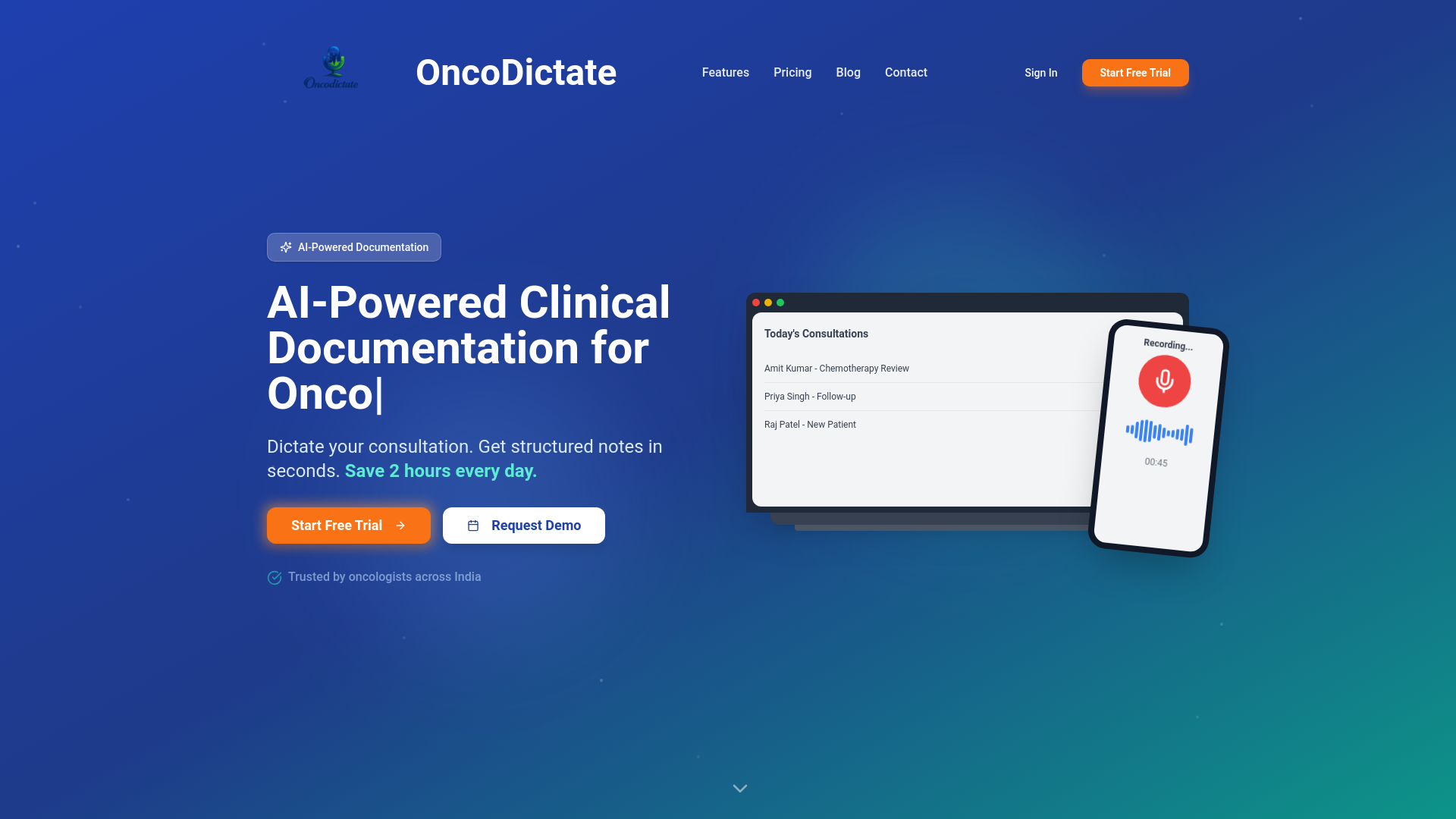 website screenshot of https://oncodictate.com/