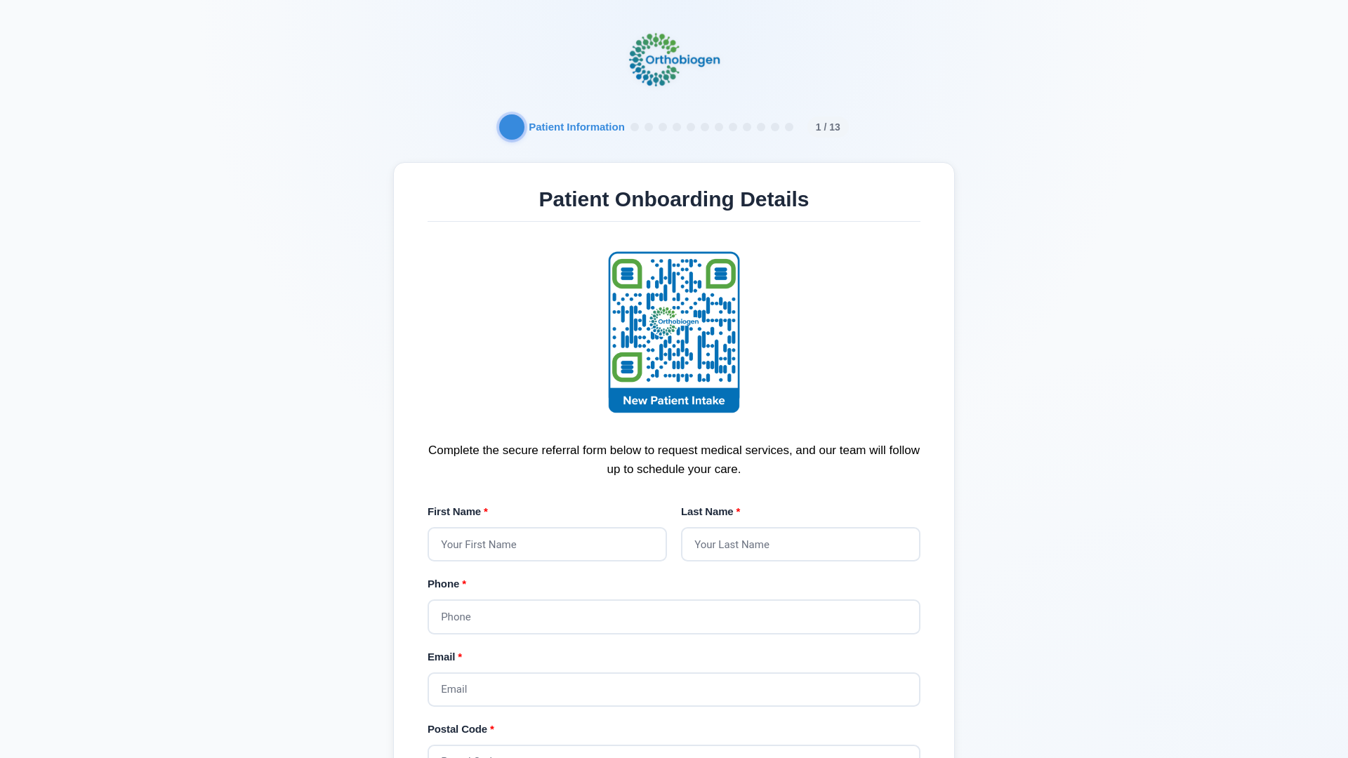 website screenshot of https://intake.orthobiogen.com