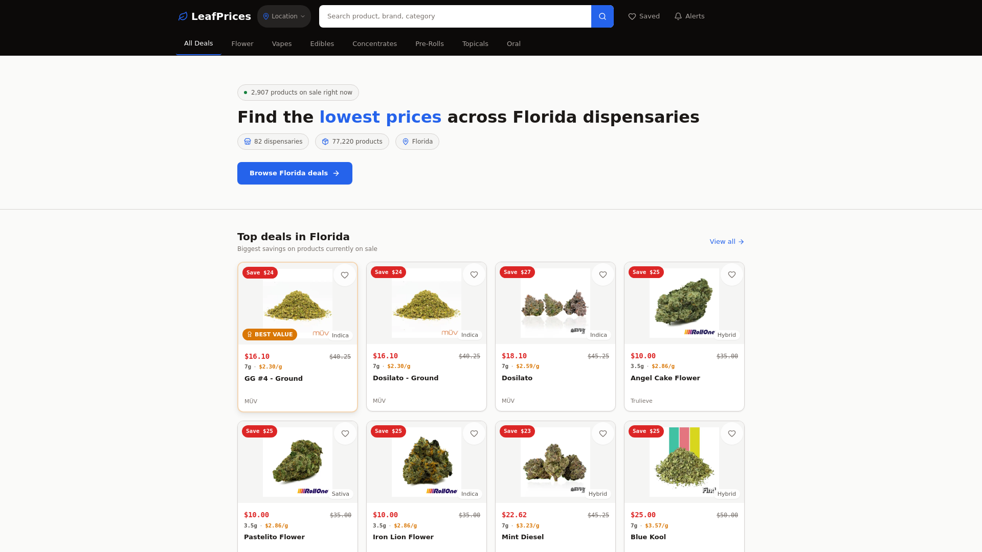website screenshot of https://leafprices.app/