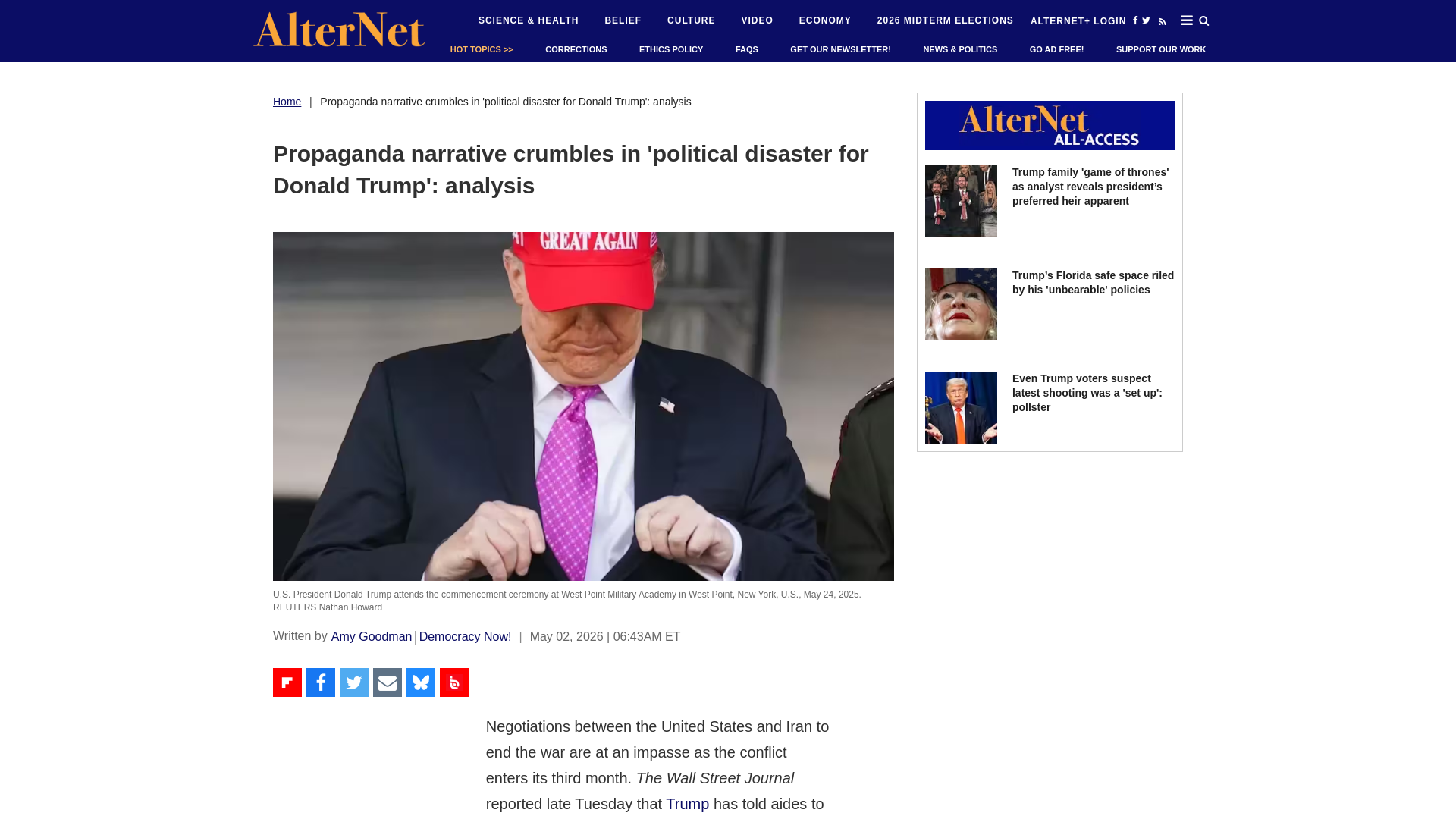website screenshot of https://www.alternet.org/trump-iran-diaster/
