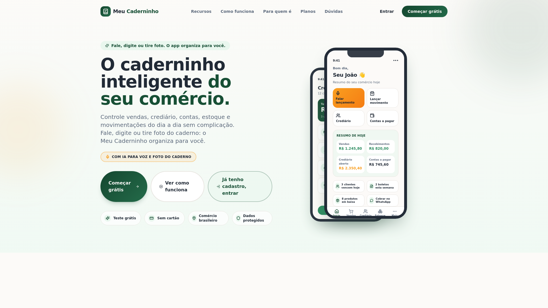 website screenshot of https://meucaderninho.app/