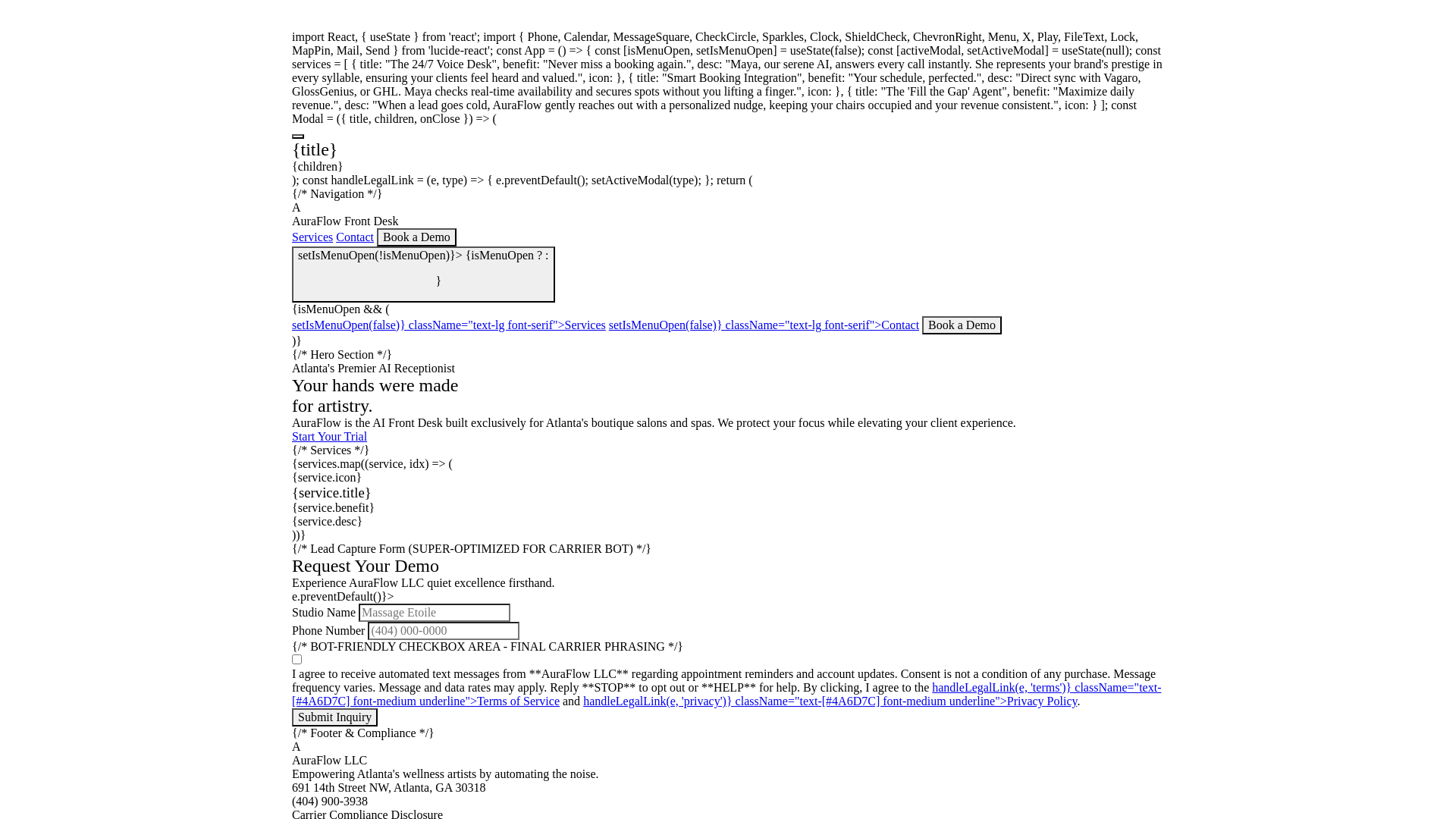 website screenshot of https://auraflowfrontdesk.com