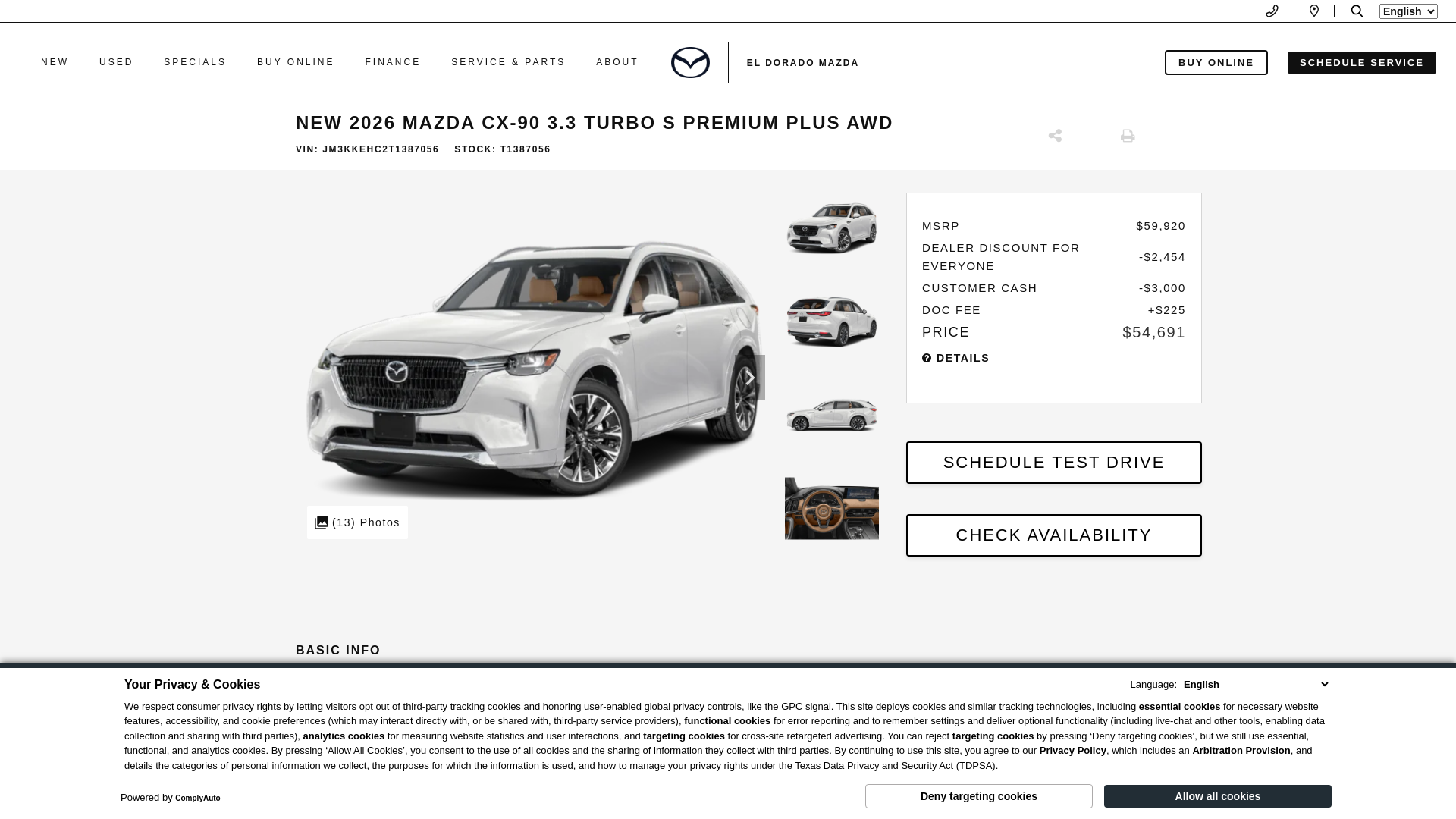 website screenshot of https://www.eldoradomazda.com/inventory/new-2026-mazda-cx-90-3-3-turbo-s-premium-plus-awd-awd-suv-jm3kkehc2t1387056/?store={store_code}