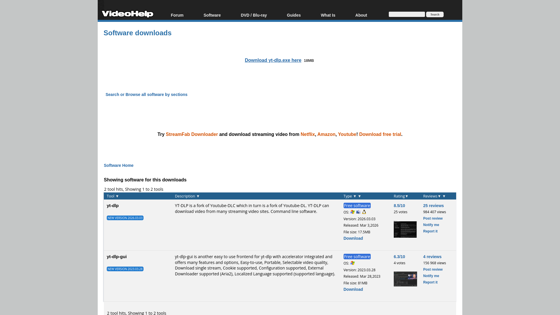 website screenshot of https://www.videohelp.com/download/yt-dlp.exe