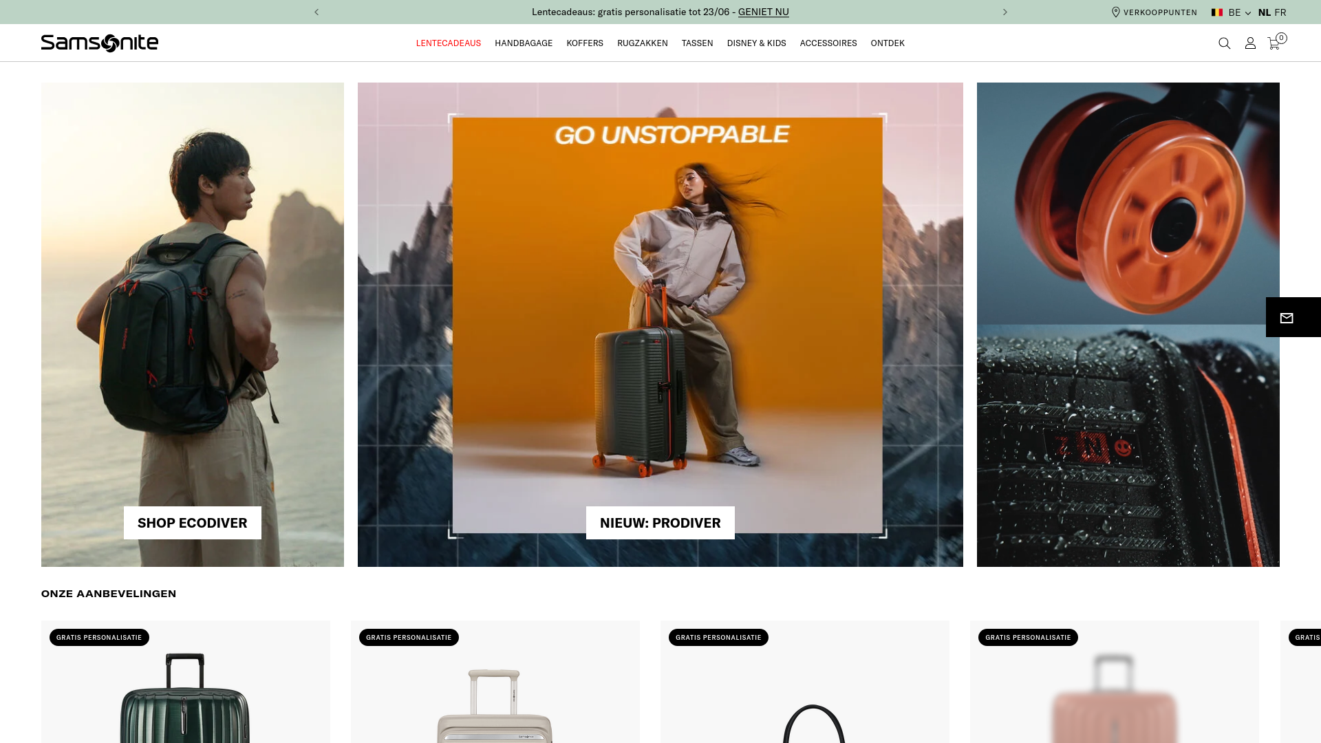 website screenshot of https://www.samsonite.be