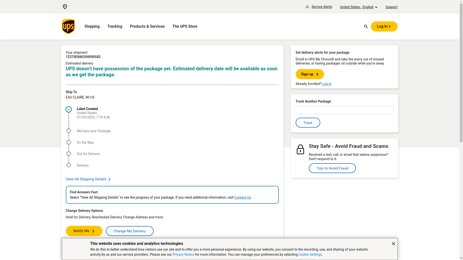 website screenshot of https://nam12.safelinks.protection.outlook.com/?url=https%3A%2F%2Fwww.ups.com%2Ftrack%3Floc%3Den_US%26Requester%3DNES%26tracknum%3D1Z370E880298090582%26AgreeToTermsAndConditions%3Dyes%26WT.z_eCTAid%3Dct1_eml_Tracking__ct1_eml_qvn_eml_5shp%26WT.z_edatesent%3D07242025&data=05%7C02%7CMIGENA%40CCF.US%7C505769f80c404dafb19f08ddcaa404bb%7C0e400cefdeb9436b956df5ae63efe7f6%7C0%7C0%7C638889528014065821%7CUnknown%7CTWFpbGZsb3d8eyJFbXB0eU1hcGkiOnRydWUsIlYiOiIwLjAuMDAwMCIsIlAiOiJXaW4zMiIsIkFOIjoiTWFpbCIsIldUIjoyfQ%3D%3D%7C4000%7C%7C%7C&sdata=rxMivZ4n0D2GJUJDJxUpSo%2FY%2BfaoQLeEPBoRb7%2FctSk%3D&reserved=0