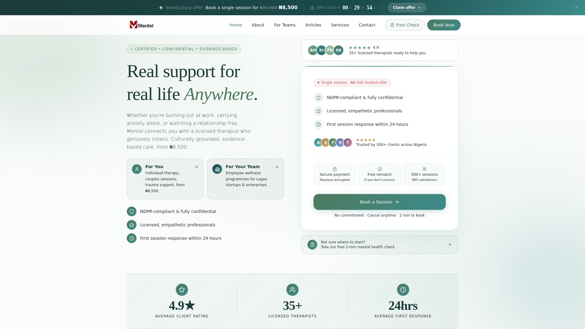 website screenshot of https://www.trymentel.com