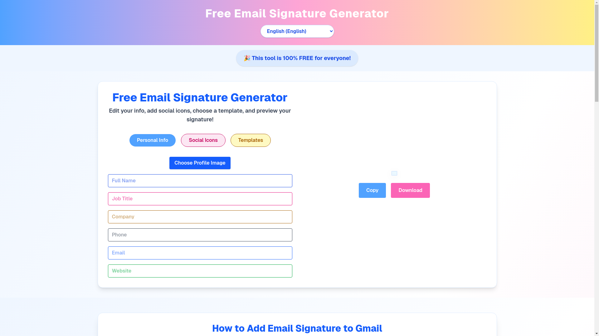 website screenshot of https://freeemailsignature.online/