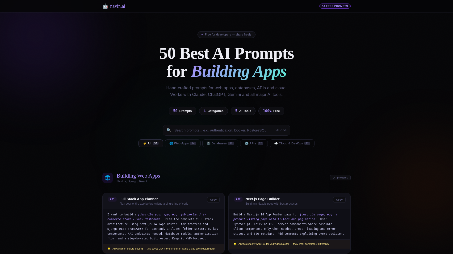 website screenshot of https://50-best-prompts.pages.dev/