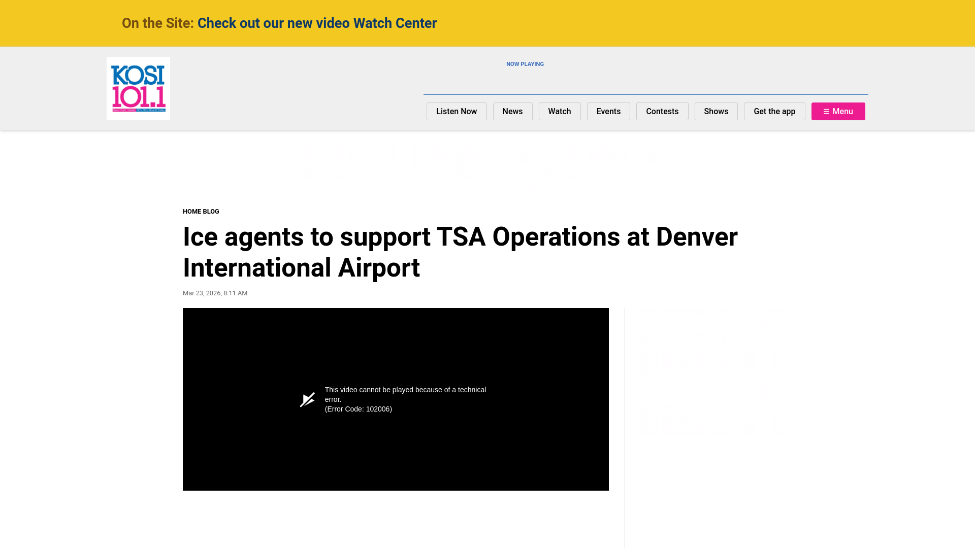 website screenshot of https://kosi101.com/ice-agents-to-support-tsa-operations-at-denver-international-airport/