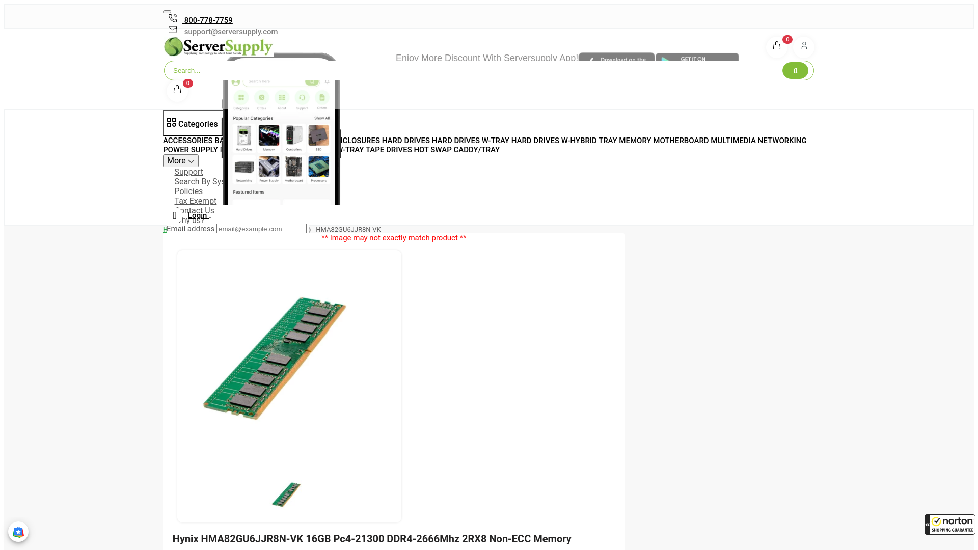 website screenshot of https://www.serversupply.com/MEMORY/PC4-21300/16GB/HYNIX/HMA82GU6JJR8N-VK_405808.htm