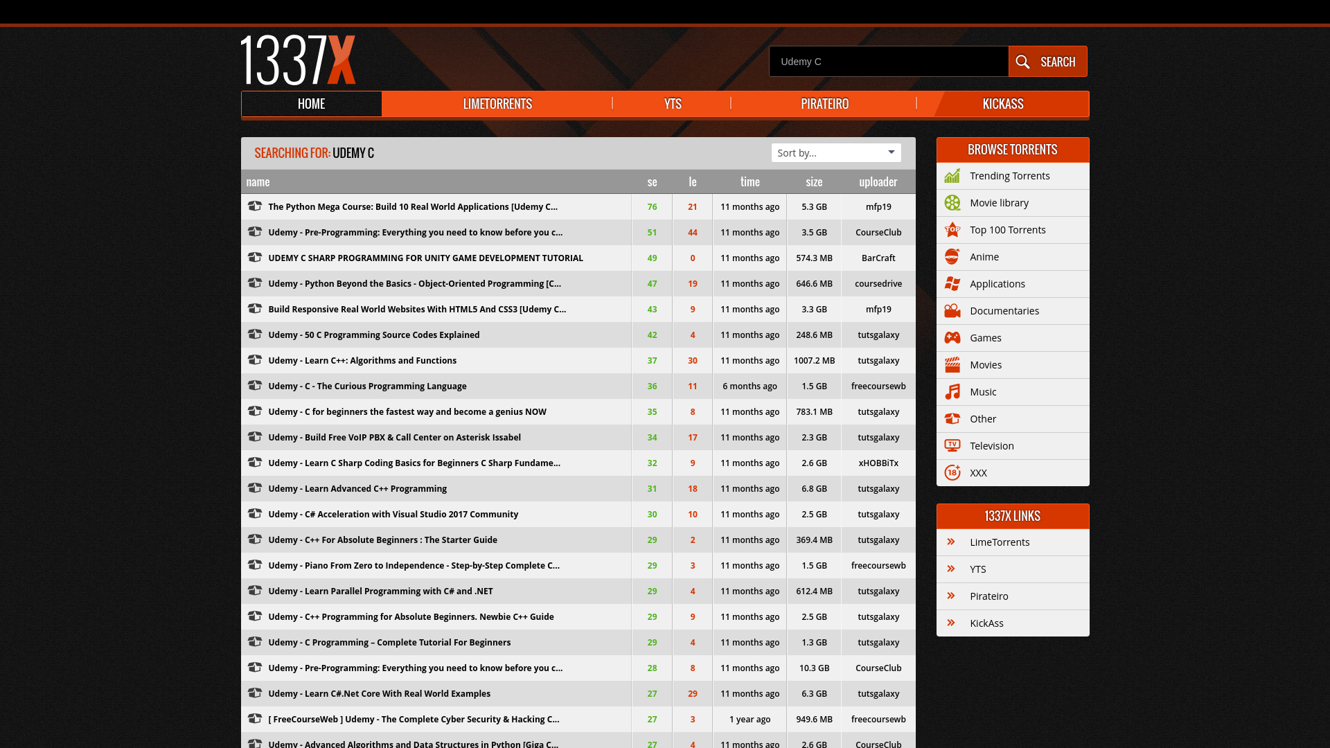 website screenshot of https://1337x.pro/search/?q=Udemy%20C