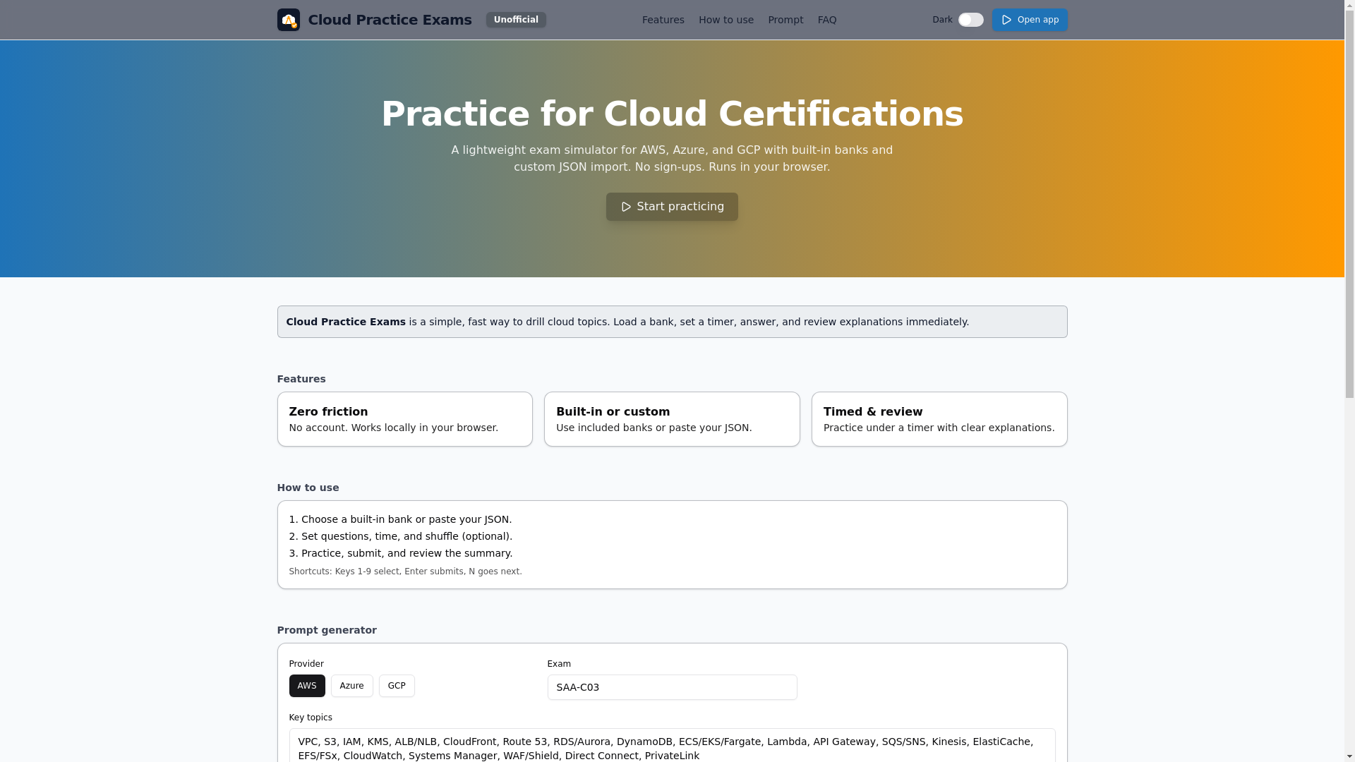 website screenshot of https://cloudpracticeexams.com/