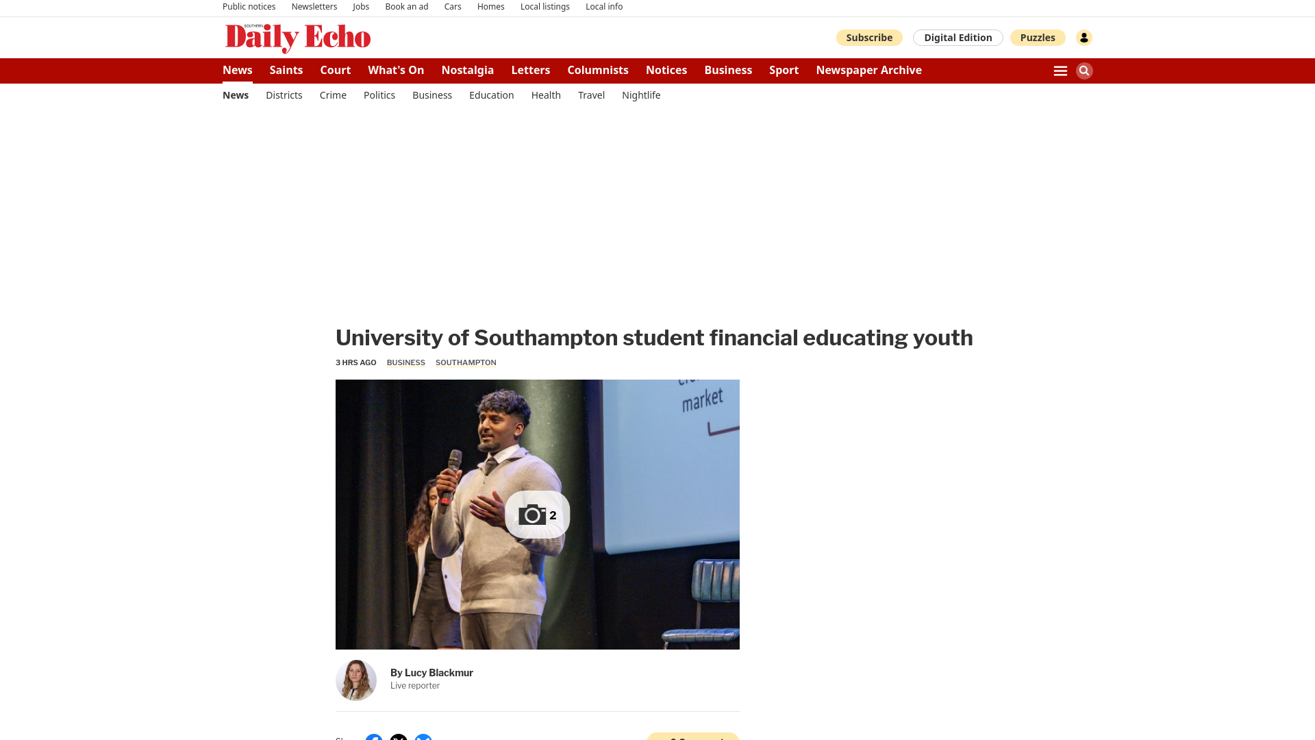 website screenshot of https://www.dailyecho.co.uk/news/25946659.university-southampton-student-financial-educating-youth/