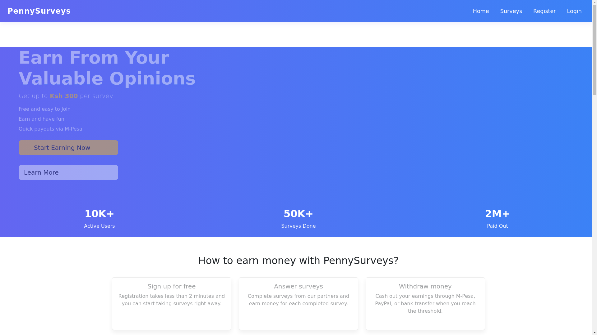 website screenshot of https://pennysurveys.co.ke/