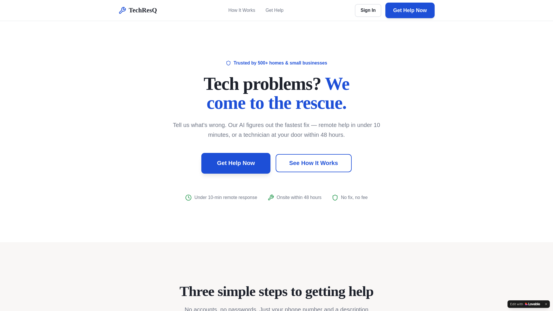 website screenshot of https://techresq.me/