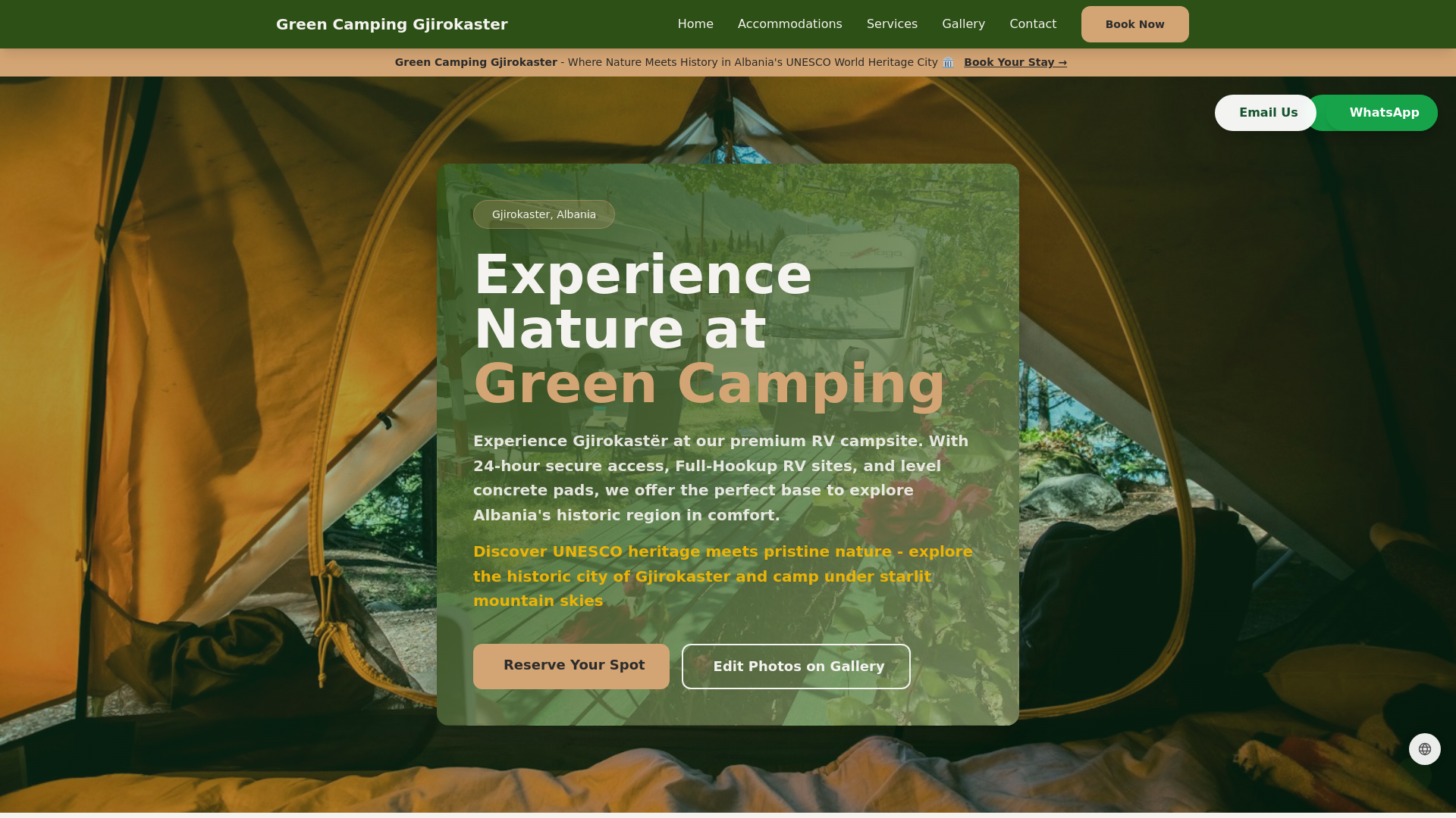 website screenshot of https://greencampinggjirokaster.com/